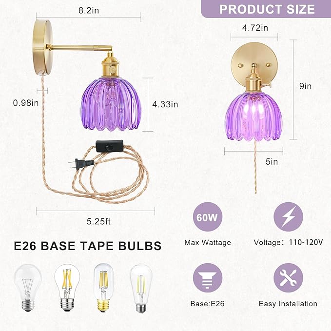 Plug in Wall Sconces Set of 2, Vintage Wall Sconce Light with Tulip Purple Glass Lampshade, Bedroom Wall Sconce with Switch and Plug in wall lamp Cord, Gold Wall Light Wall Decor Set of 2