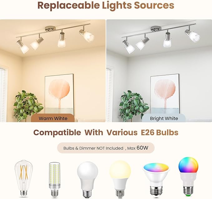 4-Light Track Lighting Kit, Brushed Nickel Flush Mount Ceiling Light Fixture with Frosted Glass Shades, Foldable Arms with E26 Adjustable Heads Spotlight, ETL Listed (35.6 inch)