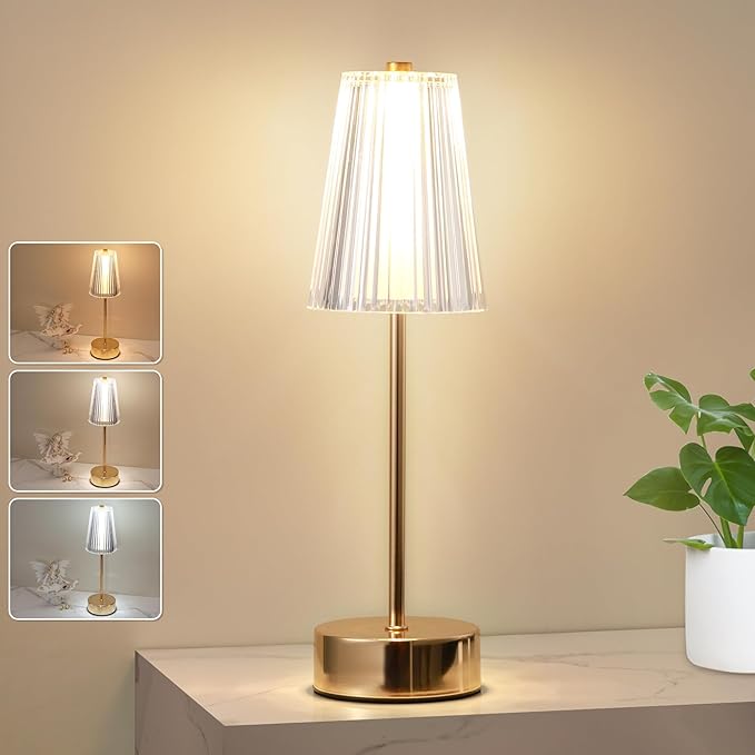 Idong Cordless Rechargeable Table Lamp, Portable Touch LED Desk Lamps, 5200mAh Battery Operated 3 Color Stepless Dimming, Small Wireless Metal Crystal Lamp for Bedside Bedroom Outdoor Restaurant Patio