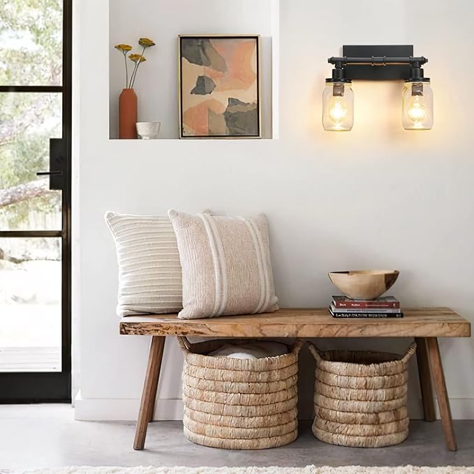 2 Light Bathroom Vanity Light Black Bathroom Light Fixture, Industrial Farmhouse Wall Sconce with Glass Shades, Mason Jar Vanity Light Fixture, Pipe Wall Lamp for Mirror Bedroom Hallway Living Room