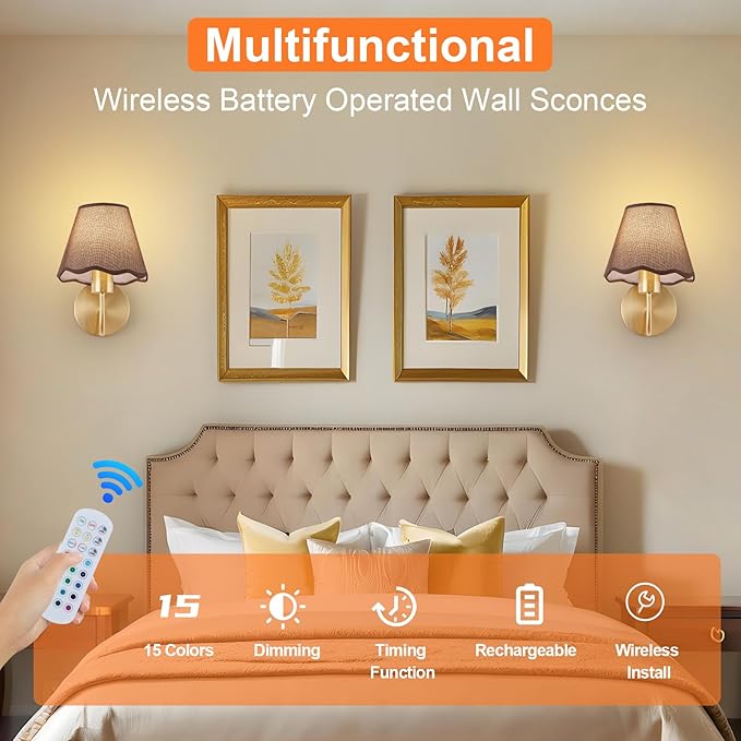 ADISUN Battery Operated Wall Sconce Set of 2, Gold Wall Lamps Rechargeable Bulbs for Living Room, Brown Rattan Shade, Wireless Wall Lights for Bedroom Living Room Hallway Kitchen(2 Bulbs Included)