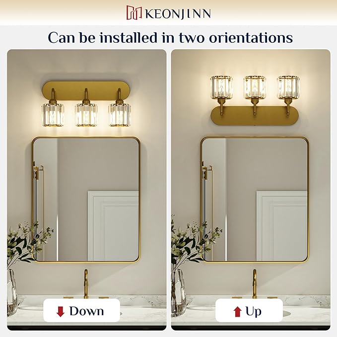 Keonjinn 3-Light Gold Bathroom Light Fixtures, Crystal Bathroom Vanity Lights Over Mirror, Gold Vanity Lighting Fixtures with Crystal Square Shades (E26 Base, Blub Not Included)