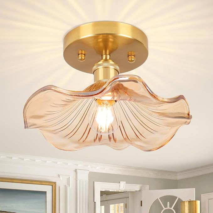 Semi Flush Mount Ceiling Light,Flower Amber Glass Ceiling Lighting 8.8" E26 Porch Ceiling Light Fixtures for Closet Hallway Kitchen Dining Room