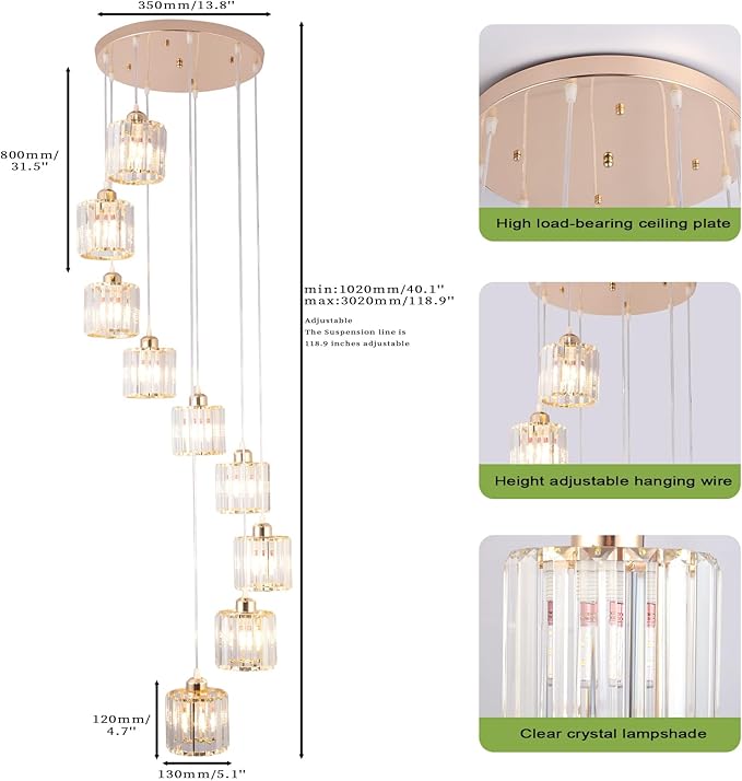 High Ceilings Long Chandeliers Modern Crystal Pendant Light Raindrop Drop Lamp Hanging Chandeliers Flush Mount Lighting Fixtures for Staircase Foyer Entryway Gold 9 Lights