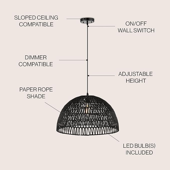 JONATHAN Y 20" Black Modern Bohemian Woven Rope LED Pendant Light Fixture, Adjustable Dome Ceiling Lamp for Kitchen Island, Rope Shade, Coastal Farmhouse Decor (JYL6504C)