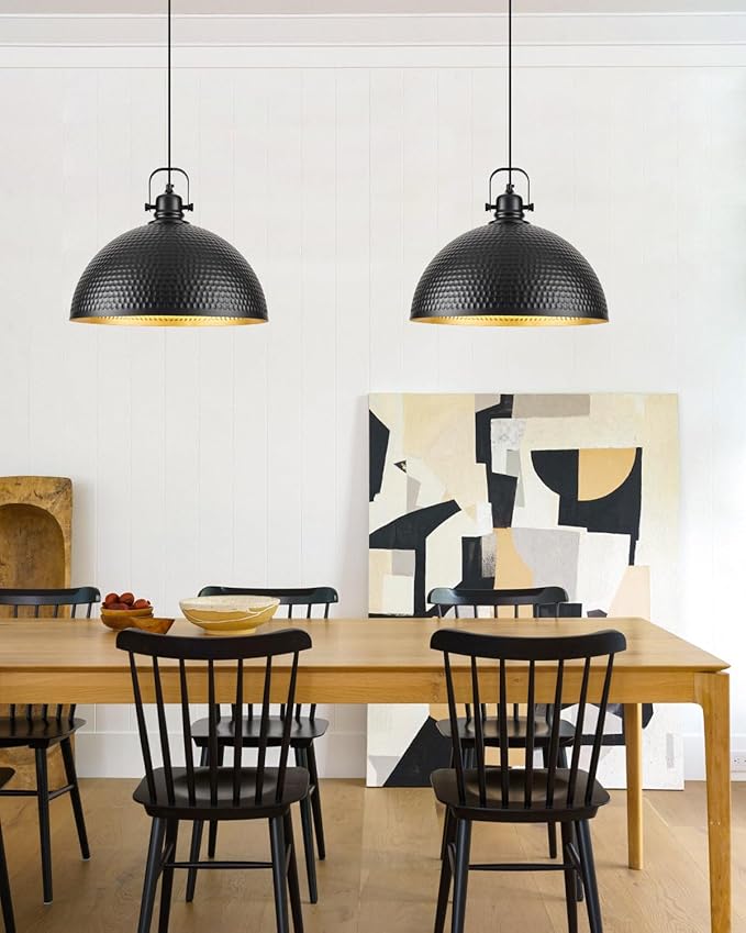 16 Inch Black Hammered Pendant Light 2 Pack, Vintage Pendant Lights Kitchen Island Adjustable Height, Large Dome Pendant Light Fixtures for Kitchen, Dining Room, Bedroom,Bar