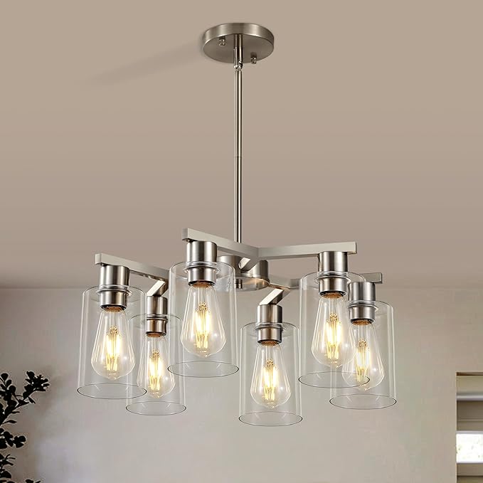 6-Light Modern Farmhouse Brushed Nickel Chandelier, Dining Room Light Fixture Over Table Adjustable Height Hanging Industrial Pendant Lights Kitchen Island, Clear Glass Shade