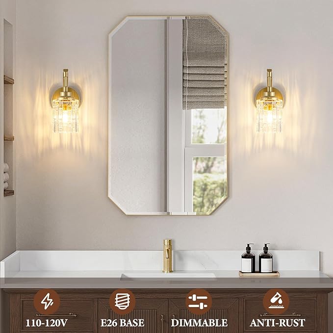 Gold Bathroom Wall Sconce Light,1-Light Vintage Brass Sconces with Clear Glass Shade,Hardwired Wall Mount Lighting for Mirror Bedroom Hallway Kitchen