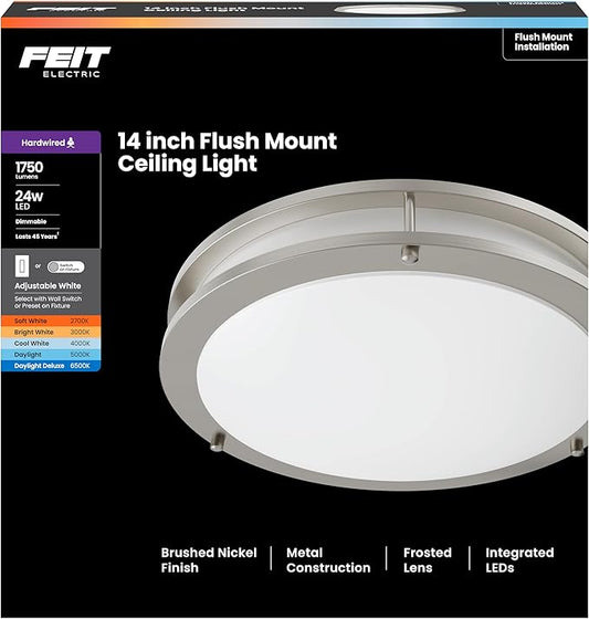 Feit Electric 14" Adjustable White LED Ceiling Light, Dimmable Flush Mount Fixture, Brushed Nickel Finish, 5 Color Temperatures, 1750 Lemens, 50,000-Hour Lifespan, FM14SAT/6WY/NK