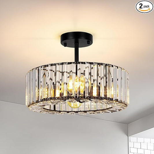 FRIDEKO HOME Semi Flush Mount Ceiling Light - Small Crystal Chandelier Hallway Black Metal Cage Modern Light Fixture for Entryway Bedroom Porch Kitchen (9-Black-4 Light-1pcs-14.56 inch)