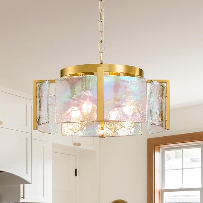 Modern Round Chandeliers for Dining Room: 4-Light Brushed Gold Drum Lights Entryway Light Fixture Hanging - kitchen Chandelier Over Table - Stained Glass Lamp for Bedroom Living Room Foyer Bathroom