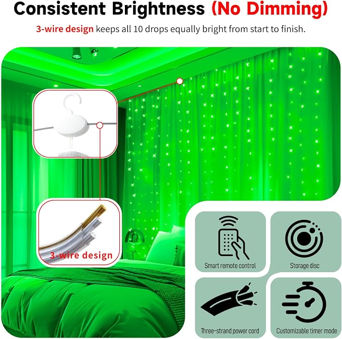 HXWEIYE 300LED Untangled Curtain Lights, 9.8x9.8Ft USB Fairy Twinkle String Lights with Remote and DIY Timer, 8 Modes Window Wall Hanging Light for Bedroom Dorm Backdrop Room Decor, Green