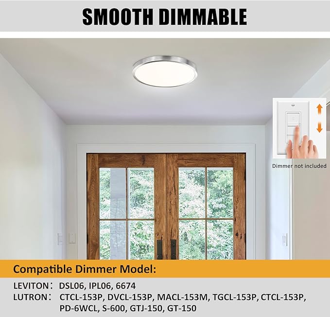 14 Inch Flush Mount LED Ceiling Light Fixture, Slim Dimmable Flush Mount Light for Kitchen, Metal and Glass Modern Ceiling Light for Low Ceiling, Bedroom, Laundry, Brushed Nickel, 26W, 3000K, 2 Pack