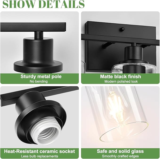 MOKATNG 3-Light Bathroom Light Fixtures, Vanity Light with Clear Glass Shades, Matte Black Bathroom Light Fixtures Over Mirror, Modern Bathroom Wall Lamp for Mirror Living Room Cabinet Bedroom