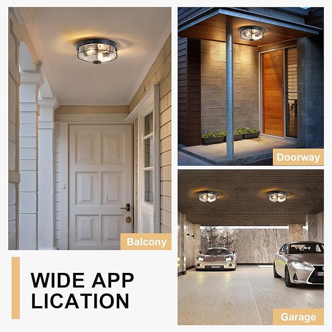 Motion Sensor Outdoor Flush Mount Ceiling Light, Industrial Glass Rustic Wood-Like Finish 2-Light Ceiling Lamp for Porch, Entryway, Garage, Timer and Sensitivity Adjustable (Black-Bubble Glass)