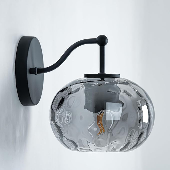 Matte Black Wall Sconce Light Smoked Hammered Glass Vanity Lighting Modern Grey Shade Wall Lamp for Bathroom Over Mirror