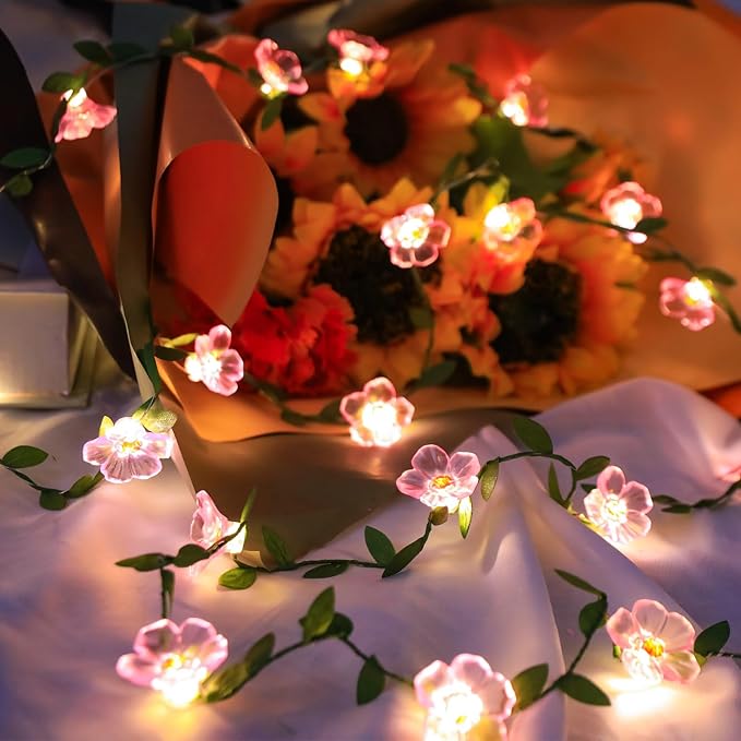 USB Plug-in 16.5ft Pink Cherry Blossom Flower Vine Fairy Lights Decorations | 50 Led Floral Leaf String Lights For Girl'S Bedroom, Window, Wall, Wedding, Birthday, Party, Christmas Hanging Indoor Decor