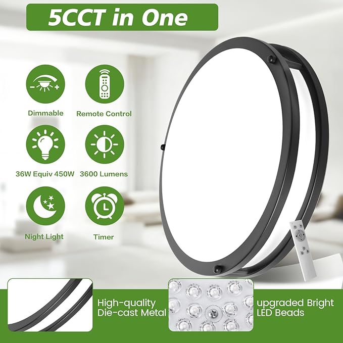 2-Pack Black Flush Mount LED Ceiling Light Fixture with Remote: 13Inch 36W Dimmable Modern LED Ceiling Lights, 2700K-6500K Adjustable 3600lm Super Bright Kitchen Lighting for Bathroom Hallway Bedroom