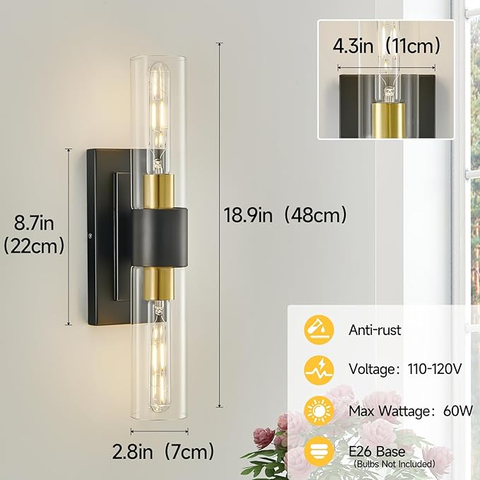 19" Black and Gold Wall Sconce,Modern Bathroom Light Fixtures,2-Light Vanity Lights for Mirror,Indoor Wall Lamp Wall Mount Hardwired Light for Bedroom with Clear Glass,E26 Base,1 Pack