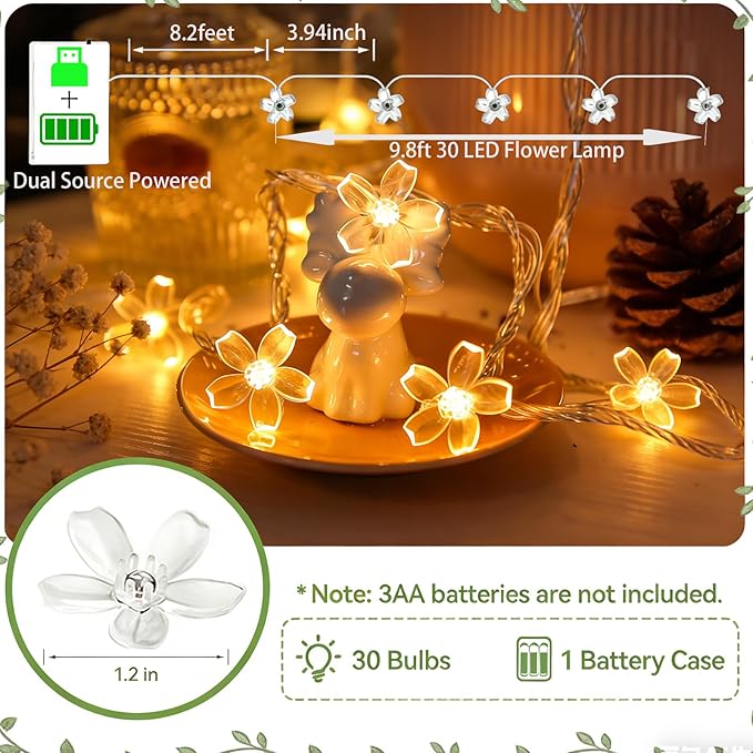 Battery & USB Lighted 10ft 30 LED Warm White Fairy Flower String Lights | Cute Cherry Blossom Fairy Lamp Decor For Indoor Outdoor Christmas, Valentine's Day, Halloween, Easter, Xmas Tree Hanging
