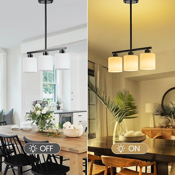 3-Light Kitchen Island Lighting, Black Pendant Light Fixture, Modern Hanging Light Fixtures with Milky White Glass, E26 Base, Bulbs Not Included