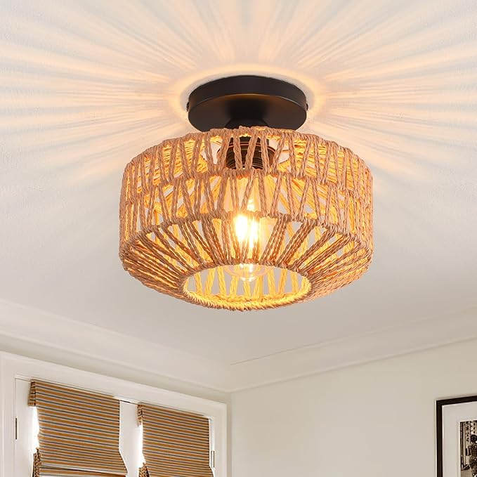 Ceiling Light Fixture,Hand-Woven Rattan Flush Mount Ceiling Light,Farmhouse Light Fixtures Ceiling Mount Boho for Hallway Bedroom Kitchen Entryway Living Room