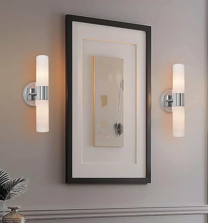 Kira Home Duo 14" Modern Wall Sconce with Frosted Glass Cylinder Shades, Linear 2-Light Wall Light, Chrome Finish