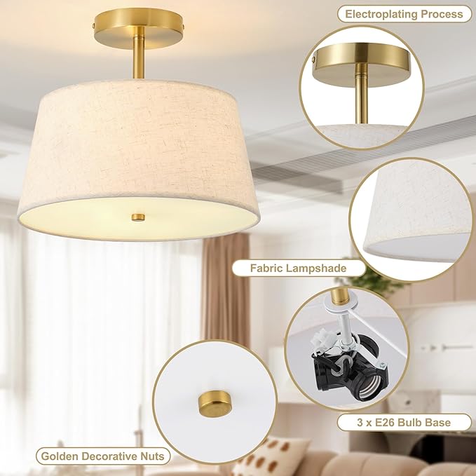 12.6" Gold Semi Flush Mount Ceiling Light Fixture, Modern Close to Ceiling Light with Fabric Lamp Shade for Bedroom Hallway Nursery Living Room Kitchen Island(T-Shape Gold)