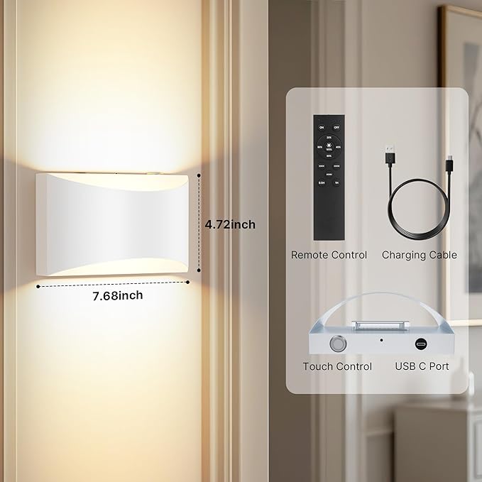 FOLKSMATE Battery Operated Wall Sconces Set of 2, White Rechargeable Remote & Touch Wall Lamps, 3 Color Temperatures, Dimmable Lamp for Bedroom, Living Room, Hallway