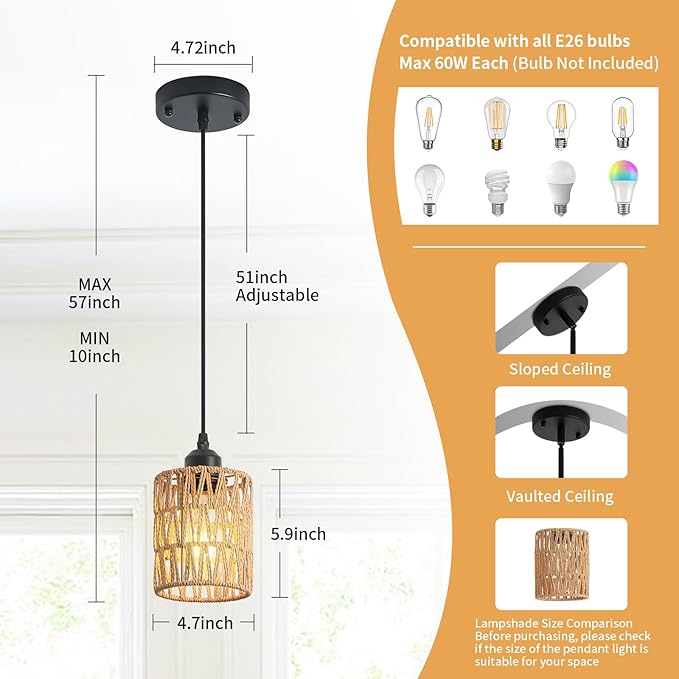 3 Pack Rattan Chandelier Pendant Lights Kitchen Island,Farmhouse Boho Chandeliers Adjustable Height Hanging lamp for Dining Room,Kitchen Ceiling Light Fixtures with Hand Woven Wicker Lampshade