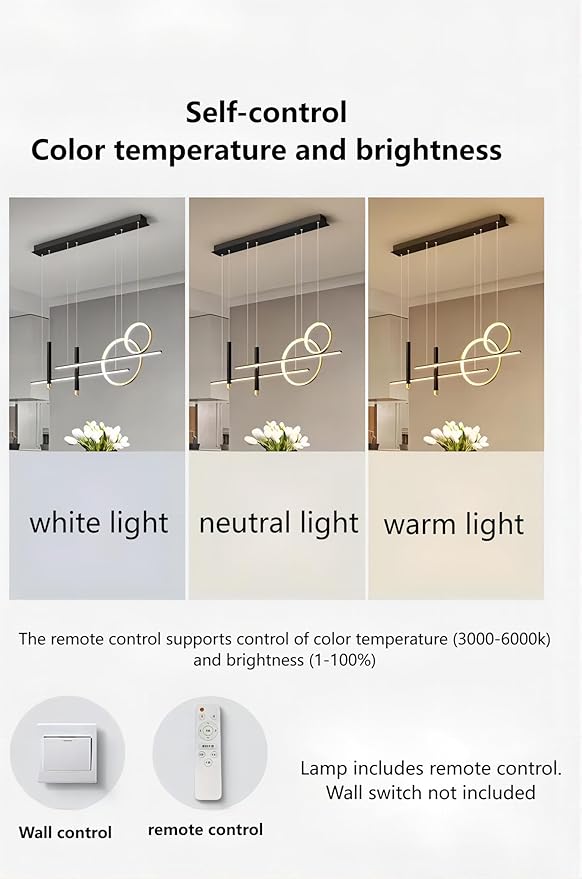 6 Lights LED Island Light, 39.4 Inch Creative Island Light with Remote Control & Infinitely Dimmable Hanging Light, Geometric Linear Pendant Light for Dining Room, Black