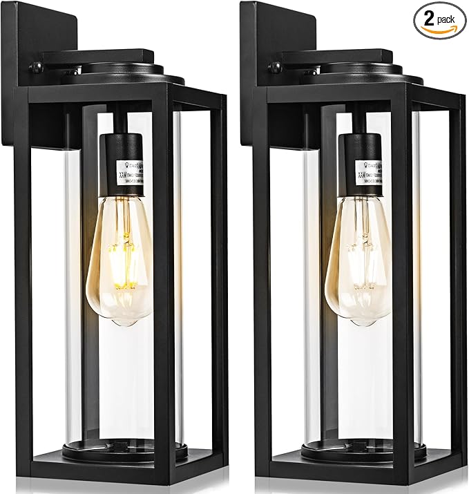 FILIYANO 20inch Large Outdoor Wall Lights - 2 Packs Modern Black Exterior Light Fixture with Clear Glass Shade, Waterproof Porch Lighting for House, Farmhouse Sconces Lantern for Front Door, Garage