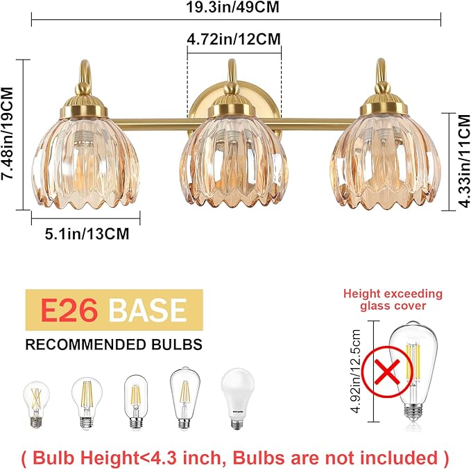 Vintage Bathroom Light Fixtures, Brass Vanity Lights with Amber Tulip Glass Shade, Vanity Sconces for Bathroom Bedroom Living Room Hallway, 3-Light