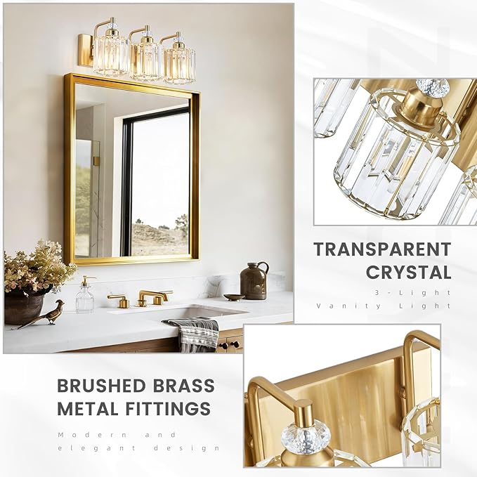 3-Light Modern Gold Bathroom Vanity Lights Brushed Brass Lighting Fixtures Over Mirror, Bathroom Vanity Lighting with Crystal Shade Wall Sconce E26 Base for Bedroom Livingroom Restroom Wall Lamp