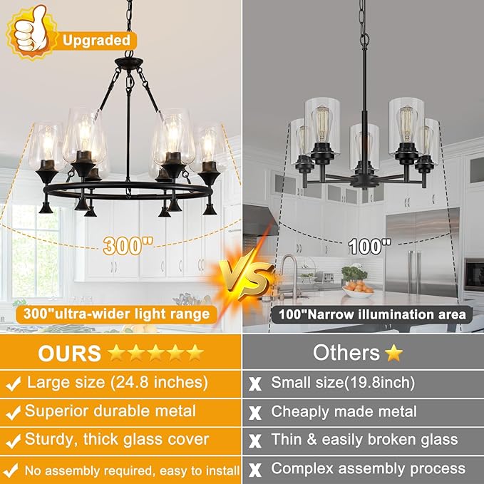 25" Farmhouse Chandelier, 6-Light Black Chandeliers for Dining Room Light Fixture Over Table with Clear Glass Shade, Industrial Hanging Pendant Lights for Kitchen Island Living Room Bedroom Entryway
