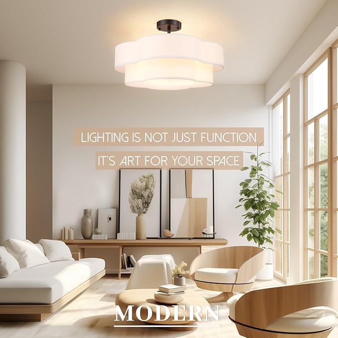 Hamilyeah 20 inch Ceiling Light Fixture with Fabric Shade, Scalloped Flush Mount Ceiling Light Flower Shaped, Drum Light Fixture Ceiling Mount for Living Room, Bedroom, Nursery, Kitchen