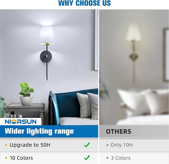 NIORSUN 19.9 inch Battery Operated Wall Sconce Set of 2,Gold-Black Rechargeable Wall Lights with 5200mAh Dimmable Detachable Bulbs and Remote,10 Colors Wireless Sconces for Bedroom Living Room Hallway