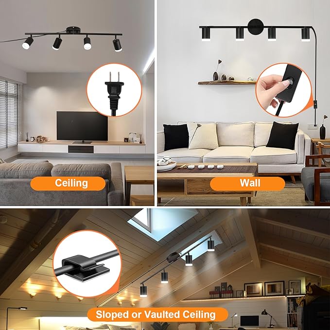 Plug in Track Lighting Kit, 80cm LED 4 Light Kitchen Track Lighting, Corded Wall Light with 16.4ft Cord, 4 Way Ceiling Spot Lighting Flexibly Rotatable Head Includes 4xGU10 Bulb (4 Black-Acrylic-80cm)