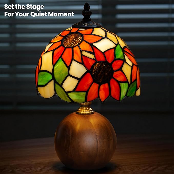 12.2" Handcrafted Sunflower Tiffany Lamp, Solid Wood Sphere Base, Stepless Dimmable Bedside Lamp for Reading Nook, Library & Mid-Century Decor, Aesthetic Antique Art Gifts, G45 LED Bulb Included