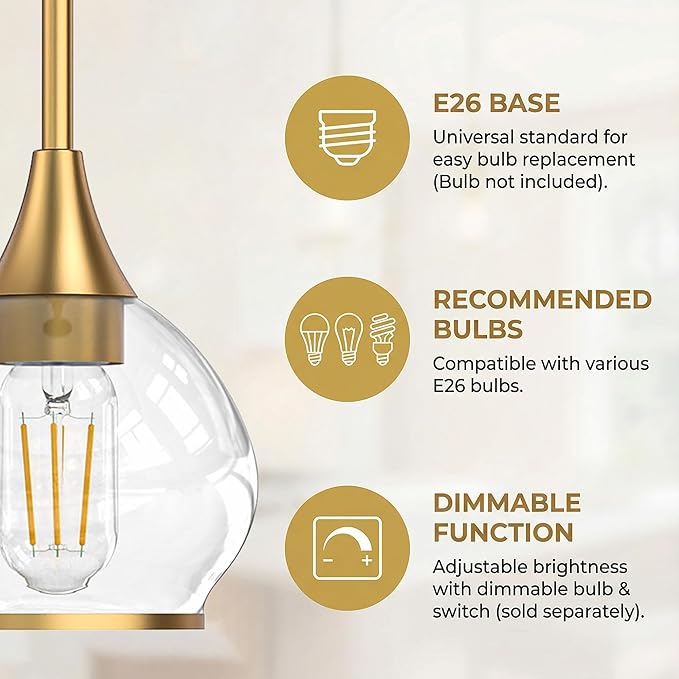 Kitchen Island Linear Pendant Light, 1-Pack 1-Light Gold Pendant Light, Brushed Gold Glass Globe Hanging Light Fixture for Dining Room, Over Table, Bar