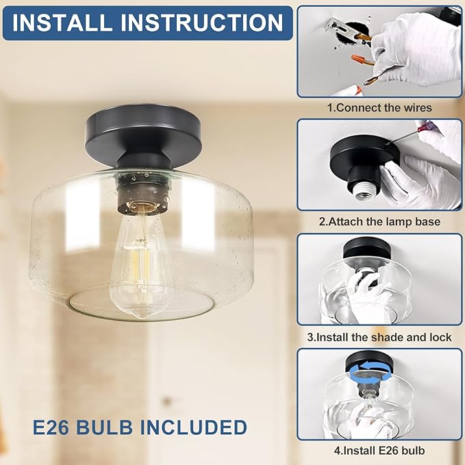 Industrial Semi Flush Mount Ceiling Light: Black Seeded Glass Kitchen Lighting Fixtures Ceiling - Vintage Hallway Light Fixtures E26 Bulb Included - 8.46” Light Fixtures Mount for Foyer