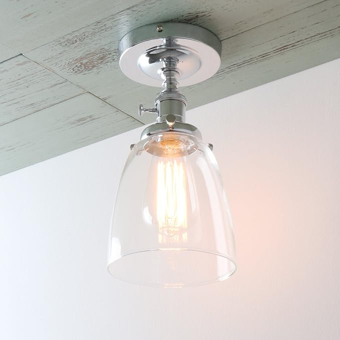 PERMO Modern Small Semi Flush Mount Ceiling Pendant Light Glass Ceiling Lights Hallway Fixtures with Flate Ribbed Glass Lampshade, 1-Light (Chrome, 292)