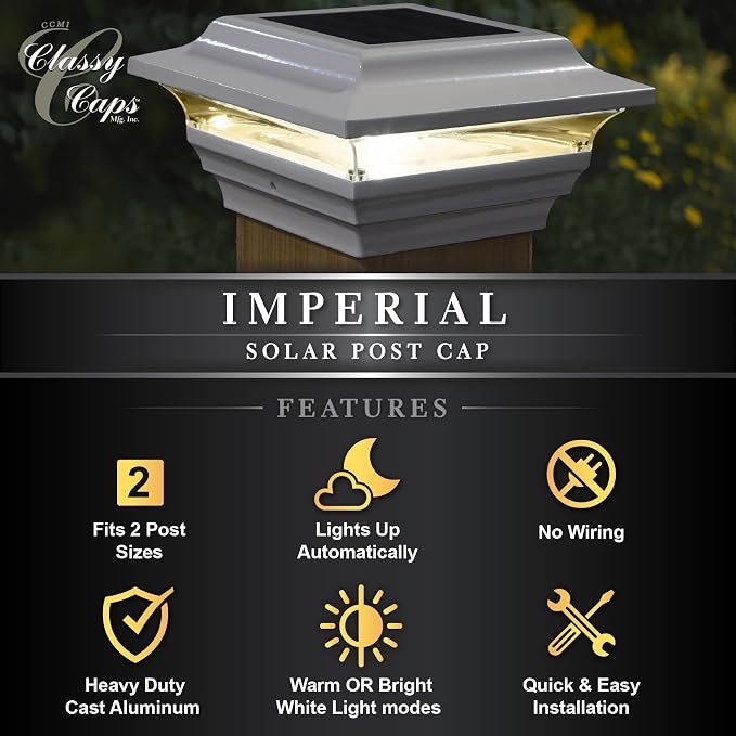 Classy Caps 4x4 Imperial Solar Post Cap - Fits 4"x4" and 3.5"x3.5" Deck & Fence Posts, White Cast Aluminum - Warm and Cool Light Modes - Heavy-Duty - Mod. #SL211W