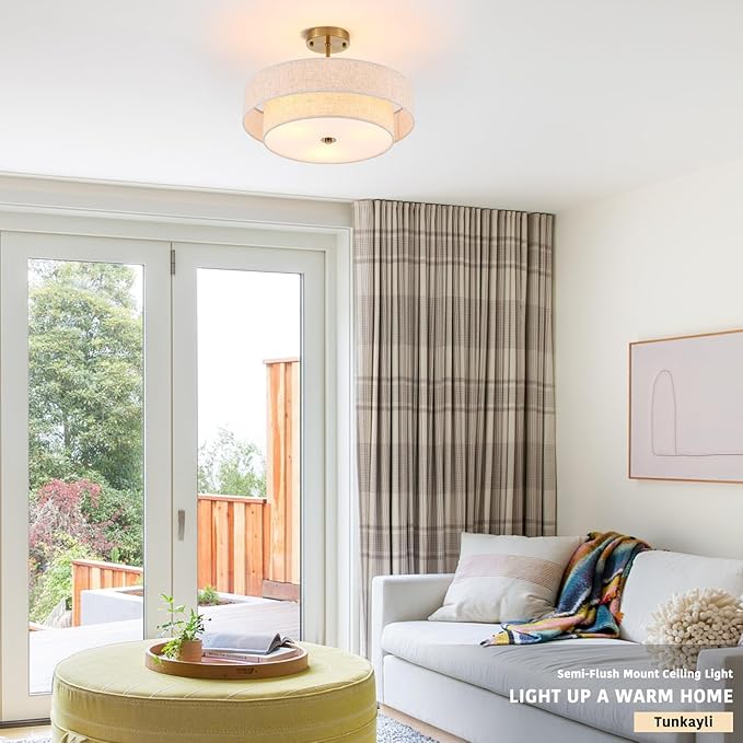 Semi Flush Mount Ceiling Light, 18" Gold Drum Ceiling Light Fixture, 3-Light with 2-Tier Beige Linen Fabric Shade, Modern Farmhouse Close to Ceiling Light for Bedroom, Kitchen, Hallway