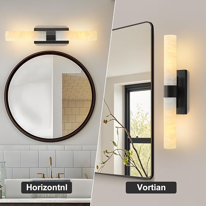 23" Matte Black Brass Wall Sconce with Marble Shade - Bathroom Vanity Light, Makeup Vanity Lamp & Over-Mirror Lighting, Vintage Rust-Resistant E26 Indoor Fixture