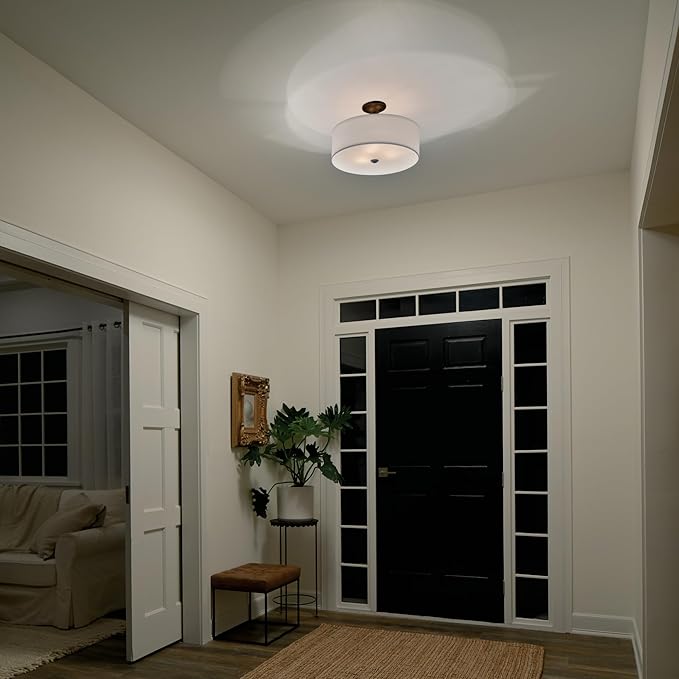 Kichler Shailene 18" 3 Light Round Semi Flush with Satin Etched White Diffuser and White Microfiber Shade in Olde Bronze