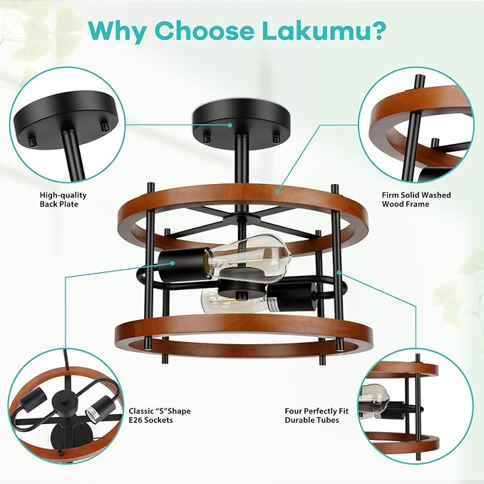 Lakumu 2-Light Retro Semi Flush Mount, Rustic Vintage Wood & Black Metal Industrial Farmhouse Ceiling Lamp for Hallway, Entryway, Bedroom, Balcony, Dining Room