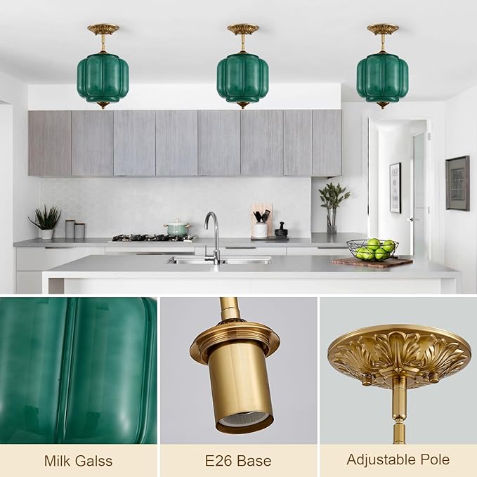 9.8" Milk Glass Pendant Light Fixture Modern Chandelier Vintage Semi Flush Mount Ceiling Light Height Adjustable Green Hanging 1-Light for Kitchen, Hallway, Bedroom, Dining Room