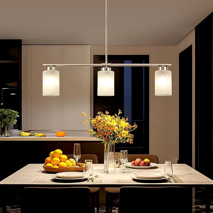 3-Light Kitchen Island Lighting Brushed Nickel Dining Room Light Fixture with Milk Glass Shade 31" Modern Linear Chandelier Adjustable Hanging Pendant Lighting Over Island Dining Table Living Room，E26