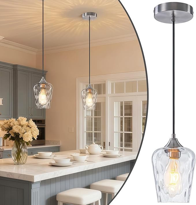 1 Pack 5.1" Small Brushed Nickel Pendant Lights Kitchen Island Lighting with Hammered Glass Shade, Mini Modern Kitchen Pendant Light, Hammered Glass Pendant Light Fixtures for Dining Room Sink